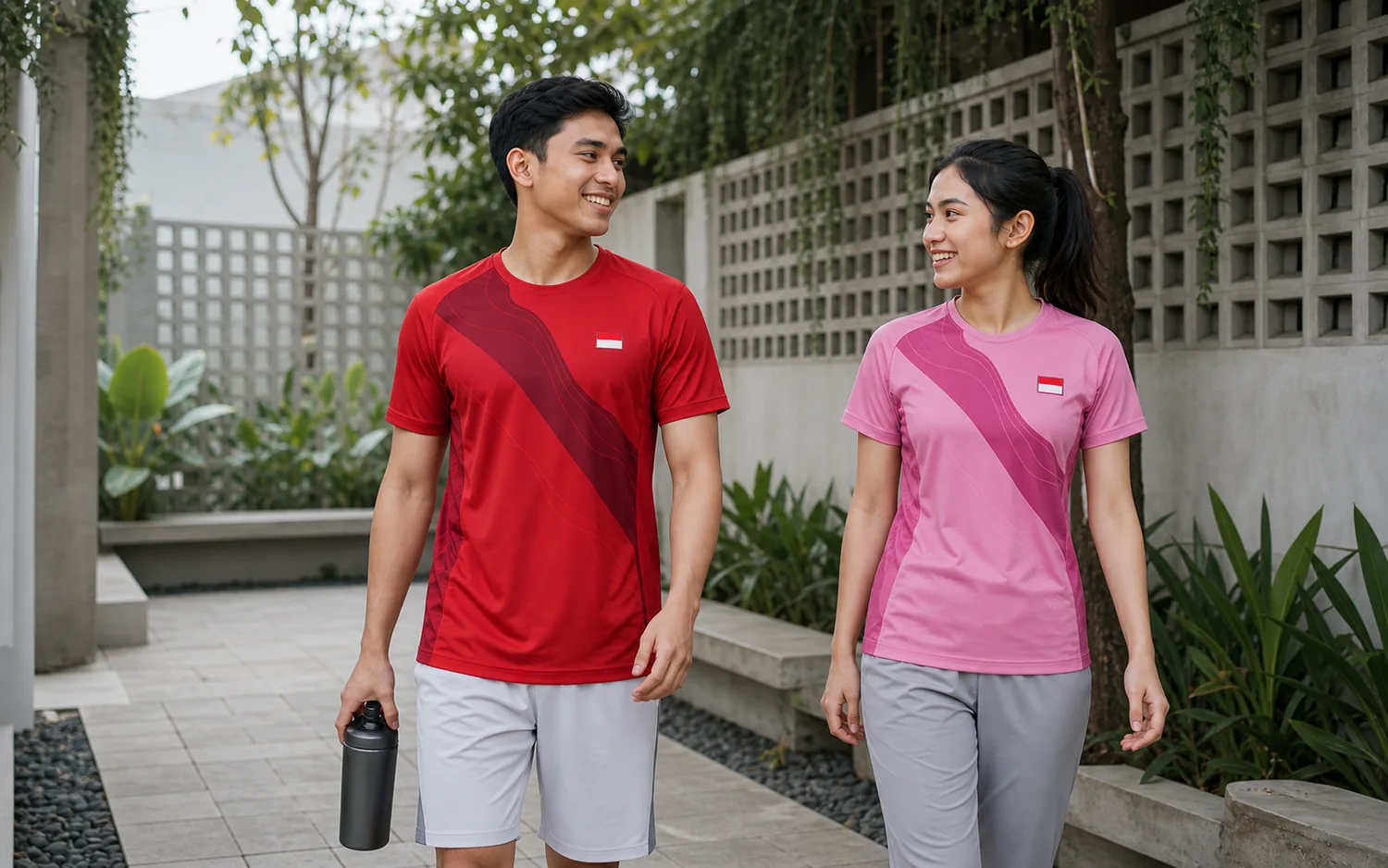 Dua anak muda Indonesia berjalan dengan jersey Nadi di lingkungan urban